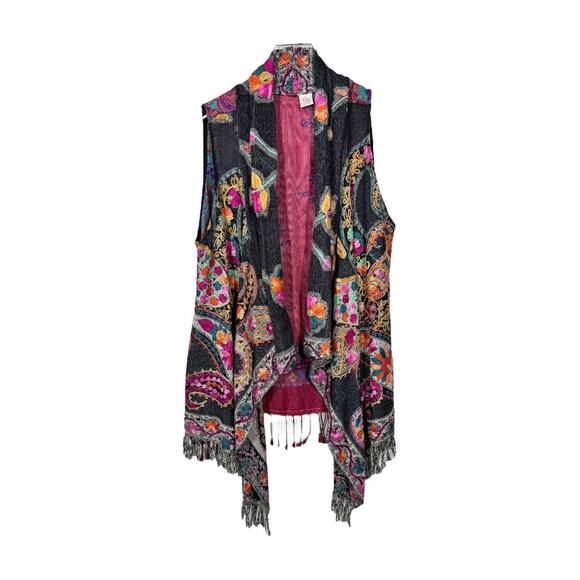 Boho Paisley Floral Embroidered Shawl Vest Small Black Pink Lightweight Fringe - Picture 1 of 6